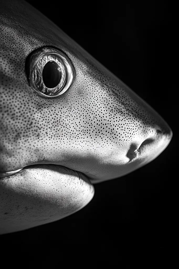The image is a black and white close-up of a shark's head.  The shark's eye is large and round, with a dark pupil and a light-colored iris. The shark's skin is rough and textured, with many small pores visible. The shark's snout is pointed and the mouth is closed.  The image is taken in a dark environment, and the shark's head is the only source of light.  The shark's eye looks out directly at the viewer.  This image is a powerful reminder of the predatory nature of sharks.