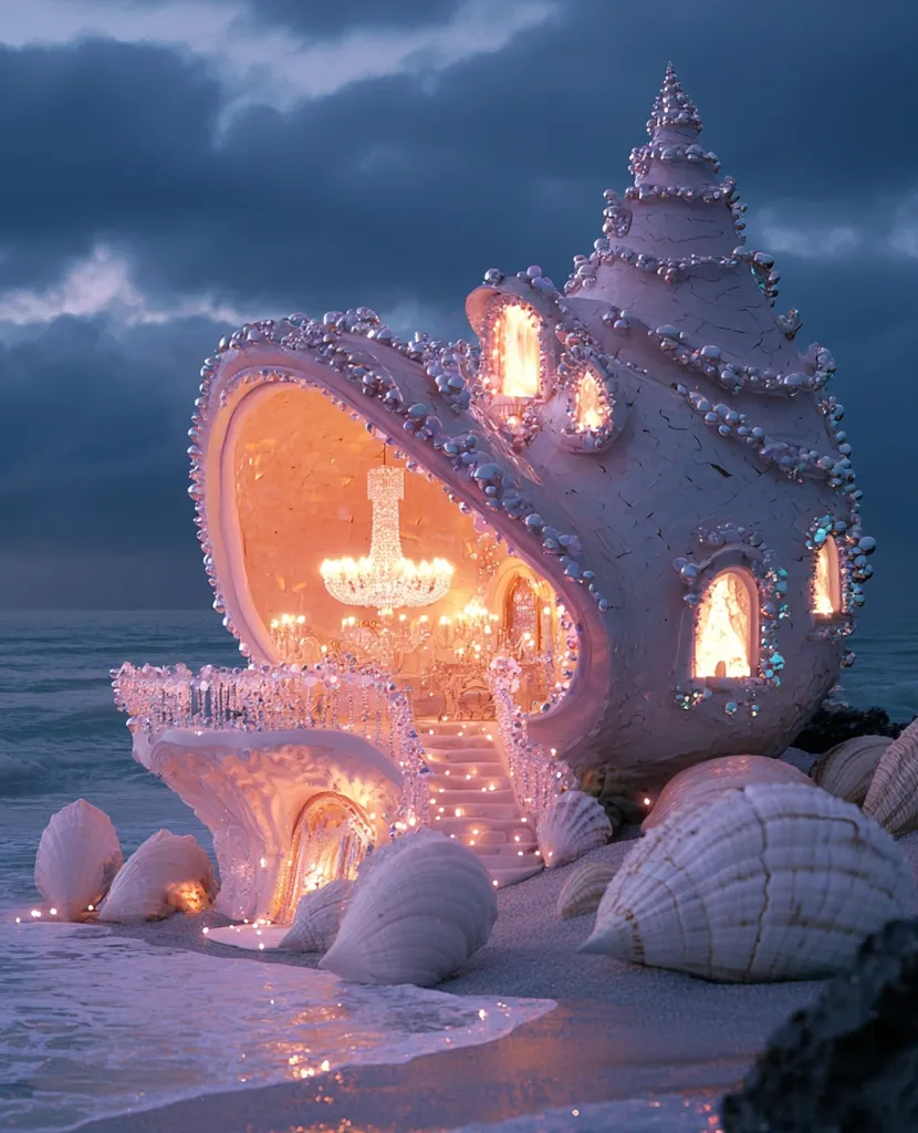 A whimsical seashell house sits on a sandy beach under a cloudy twilight sky. The house is adorned with pearls and shimmering lights, with a grand chandelier illuminating the interior.  A staircase leads to the entrance, and the surrounding sand is littered with large seashells. The scene evokes a magical and dreamy atmosphere.
