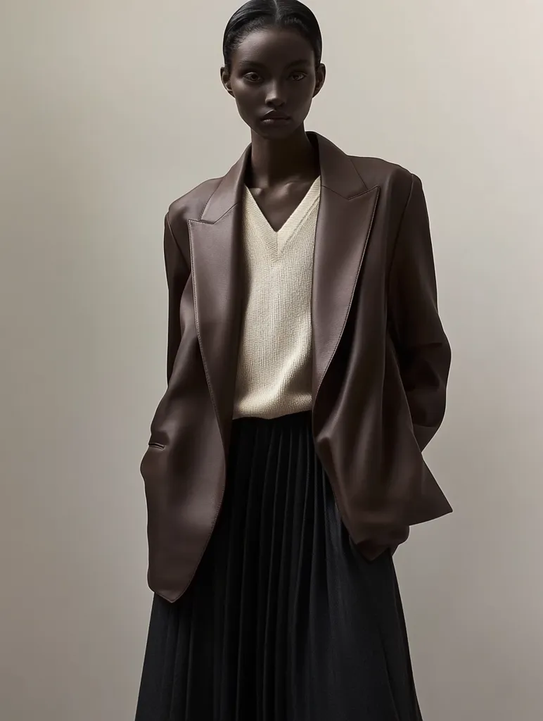 A young woman with dark skin and short black hair is wearing a brown leather blazer over a white v-neck sweater and a black pleated skirt. She is looking directly at the camera with a serious expression. The image is taken against a plain beige backdrop.