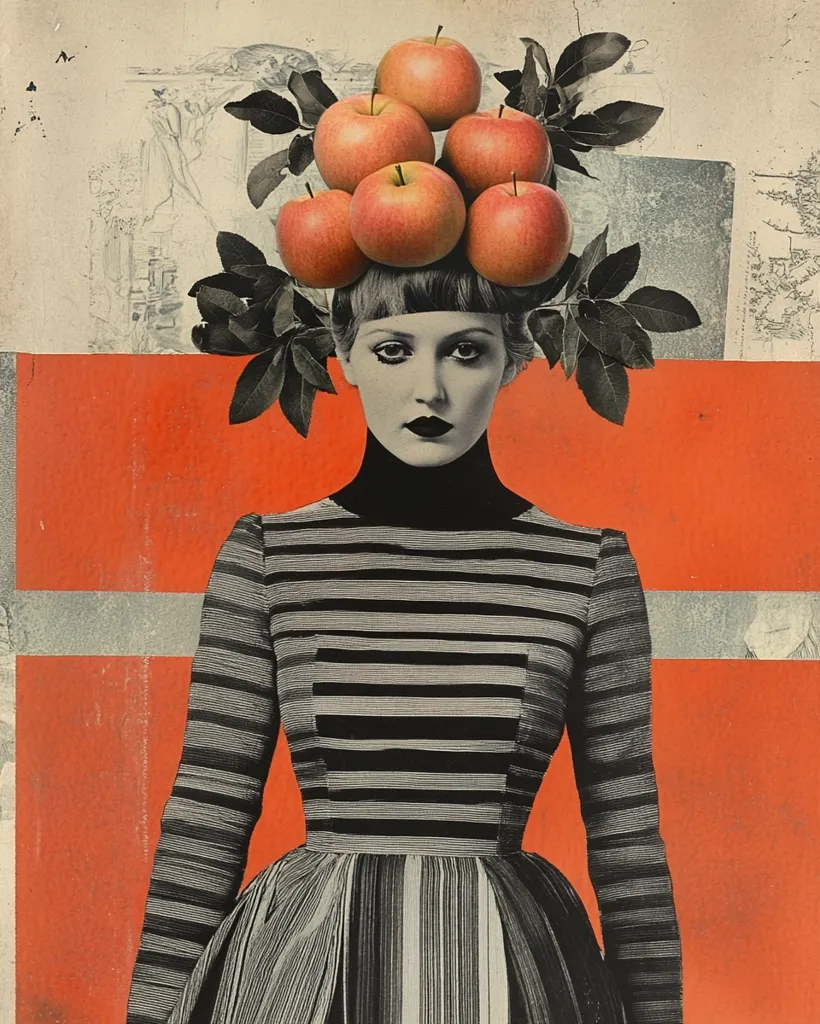 A woman with short, dark hair and a striking black and white striped dress is wearing a crown of red apples. The background is a solid orange color, with a thin grey stripe. Her expression is serious, with defined cheekbones and dark eyes. The apples are arranged around her head, some with their stems intact, creating a vibrant and whimsical contrast against her dark attire. The image has a vintage, collage-like aesthetic.