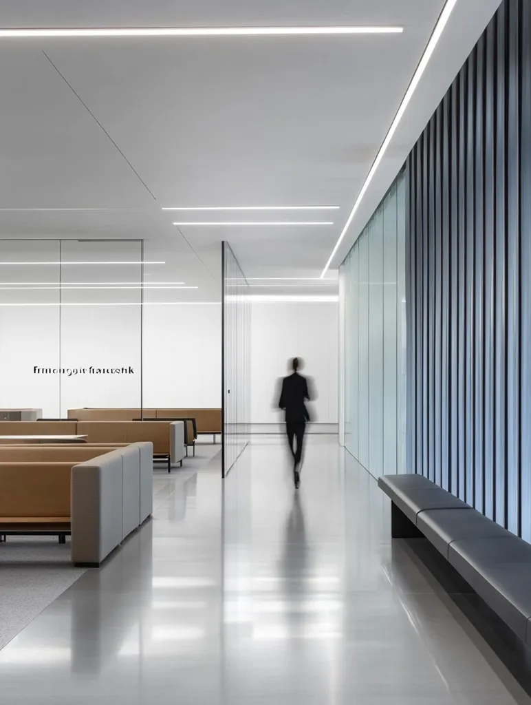 The image shows a long, narrow hallway in a modern building. The hallway is lined with sleek, minimalist furniture and has a white tiled floor that reflects the light from the ceiling. The walls are painted white and the ceiling is white with embedded LED light strips. A single figure in a dark suit walks down the hallway, their form blurred by motion. There are glass walls on the left side of the hallway. The hallway has a calm and sterile aesthetic.  The image creates a feeling of quiet and solitude.