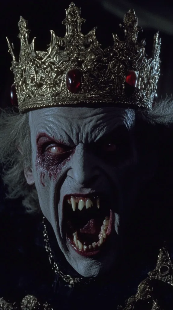 A close-up shot of a vampire's face, his mouth open in a menacing snarl, revealing sharp fangs. He wears a crown adorned with jewels, suggesting power and royalty. The vampire's eyes glow red, and his face is pale with a dark, almost blood-like tinge. The image evokes a sense of horror and dread, as the vampire's predatory nature is evident. The dark background adds to the eerie atmosphere.
