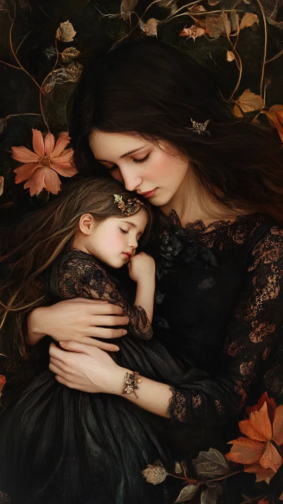A woman with long dark hair, wearing a black lace dress, cradles a young girl in her arms. The girl is asleep with her head resting on the woman's shoulder. The image is set against a background of lush green foliage and delicate brown flowers. The soft lighting creates a sense of intimacy and warmth, while the muted colors evoke a feeling of quiet contemplation. The scene radiates love, care, and a deep connection between the woman and the child.