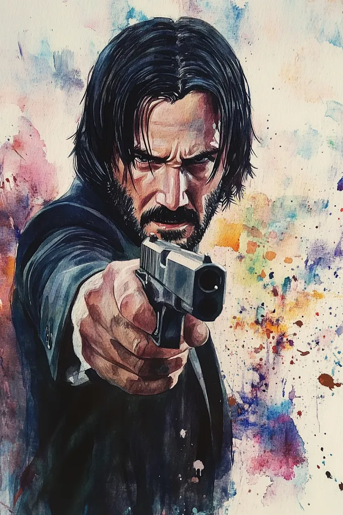 The image depicts a watercolor painting of a man with dark hair and a beard, holding a gun in his right hand. He is looking directly at the viewer with a determined expression. He is wearing a dark jacket, and the background is a splatter of colorful watercolors. The painting is likely a portrayal of John Wick, a character known for his action-packed and violent nature.  The watercolor technique and the contrasting colors give the painting a rough and edgy look, reflecting the character's dangerous personality.