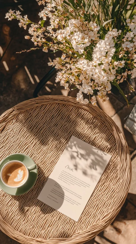 A wicker table sits outside, bathed in sunlight. A cup of coffee with latte art sits on a green saucer, next to a menu printed on a sheet of paper. A bouquet of white flowers, with green leaves and stems, sits out of focus in the background. The scene is relaxed and inviting.