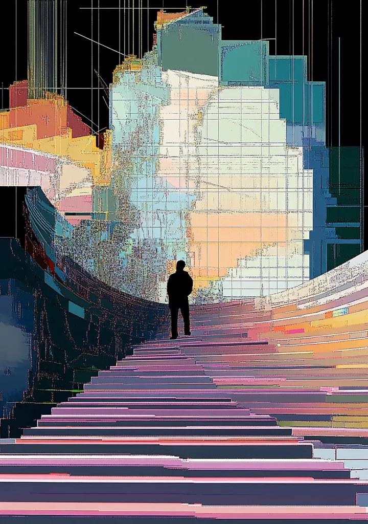 A single figure stands silhouetted at the top of a large staircase, gazing toward a towering building. The building is constructed of abstract blocks of color, creating a geometric and futuristic aesthetic. A grid pattern, like a blueprint, overlays the entire scene, adding a sense of structure and order to the otherwise chaotic composition. The colors are vibrant and varied, creating a sense of both beauty and mystery. The image evokes a feeling of both progress and isolation, leaving the viewer to ponder the figure's journey and the destination that awaits them at the top.