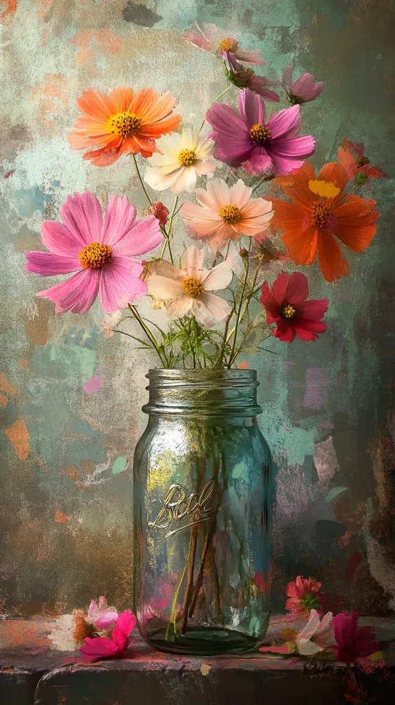 A bouquet of pink, orange, and white cosmos flowers are arranged in a clear glass jar with a gold lid. The flowers are in various stages of bloom, with some fully open and others still in bud. The jar sits on a rustic wooden table, with a blurred background of textured green and pink hues.  A few fallen petals litter the table around the base of the jar. The image is painted in a style reminiscent of a watercolor painting.