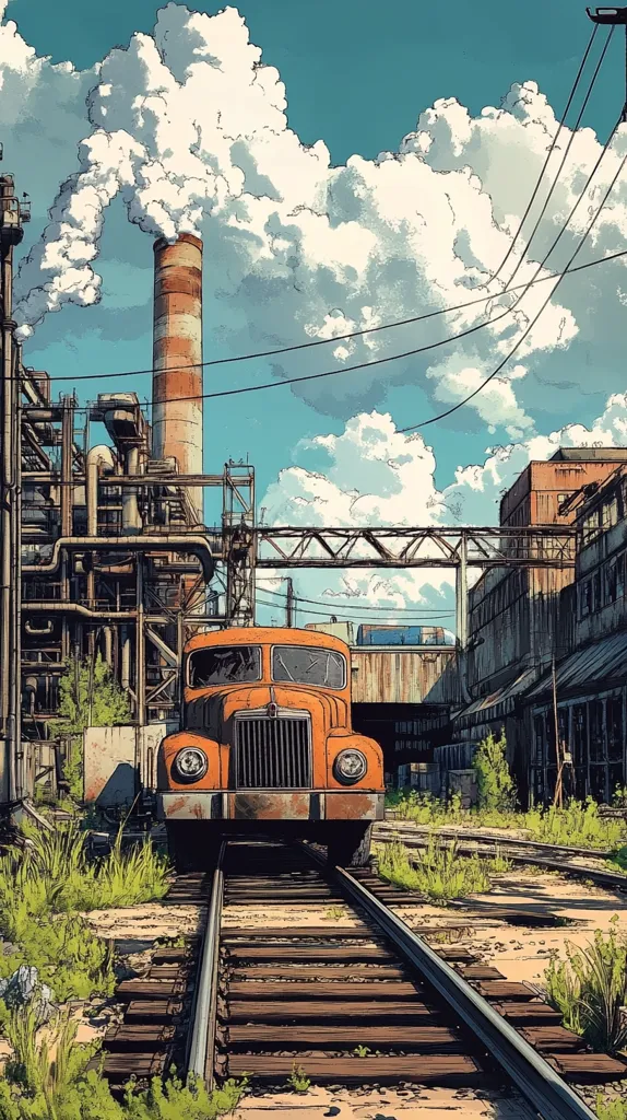 The image is a digital illustration depicting a rusty orange semi-truck parked on railroad tracks. The truck is positioned in the foreground, while the background showcases a factory with tall smokestacks, power lines, and a large cloudy sky. The scene conveys a sense of industrial decay and abandonment. The overgrown grass and the rusted metal suggest that the location is no longer in use. The truck is a visual reminder of the past, while the abandoned factory symbolizes the decline of industry.