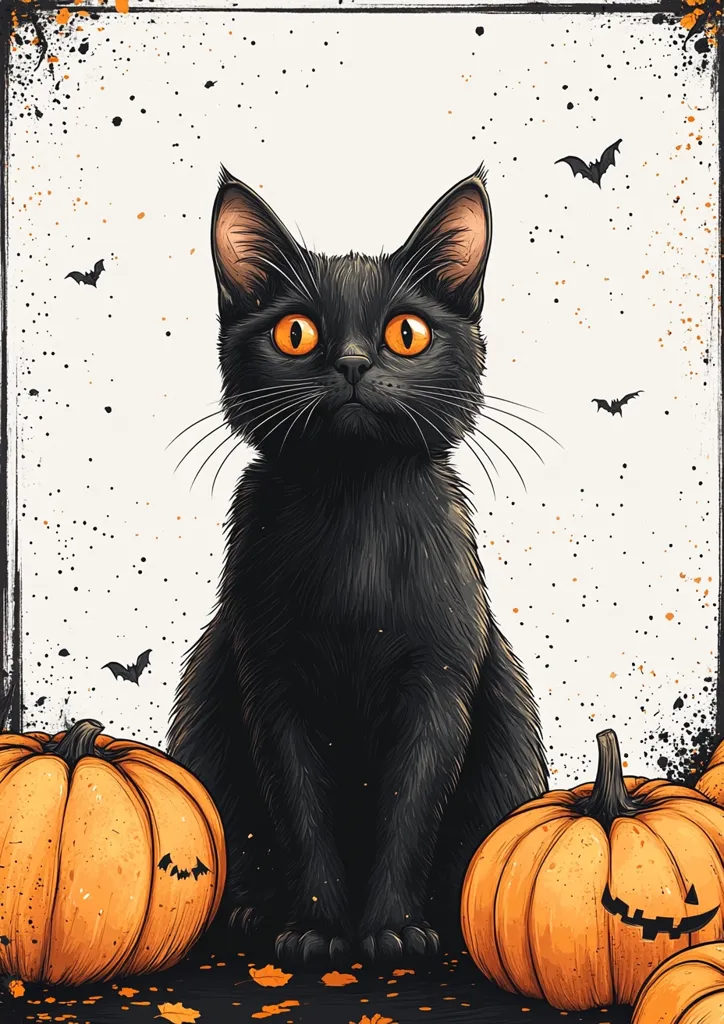 A black cat with bright orange eyes sits in front of two jack-o-lantern pumpkins.  The cat is facing the viewer with its ears perked up and its tail tucked between its legs.  The background is a white grunge texture with black splatters and bats flying.  The image has a spooky and festive Halloween feel.