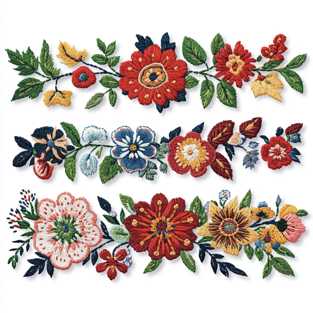 Three rows of embroidered flowers, with varying colors and designs, are depicted against a white background. The flowers are arranged in a garland style, creating a delicate and intricate pattern. The top row features a vibrant red flower with yellow accents, while the middle row showcases a mix of blue, red, and yellow. The bottom row features a larger, more elaborate flower with red, yellow, and green details. The embroidery is highly detailed and intricate, with delicate stitching that creates a three-dimensional effect.