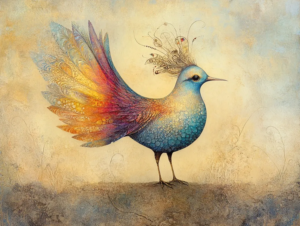 The image depicts a vibrant, fantastical bird with a long, flowing tail composed of intricate, layered feathers in shades of yellow, orange, red, and purple. Its body is a striking blue, adorned with delicate patterns. The bird's head is crowned with a golden, ornate headpiece, adding to its majestic appearance. The background is a soft, muted yellow with subtle textures, providing a peaceful backdrop for the bird. The overall impression is one of beauty, whimsy, and a sense of wonder.