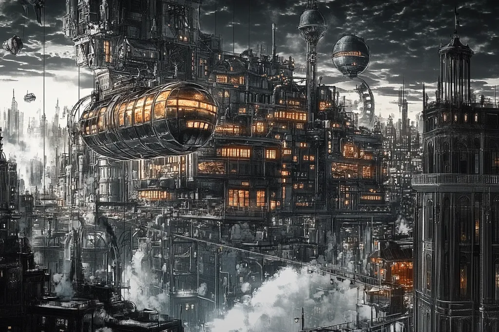The image depicts a futuristic city with towering buildings made of metal and glass. A large airship hovers above the city, connected to the buildings by cables. The cityscape is filled with intricate machinery and pipes, creating a sense of industrial complexity. The sky is dark and cloudy, adding a sense of mystery and intrigue to the scene. The overall impression is one of a technologically advanced society with a steampunk aesthetic.