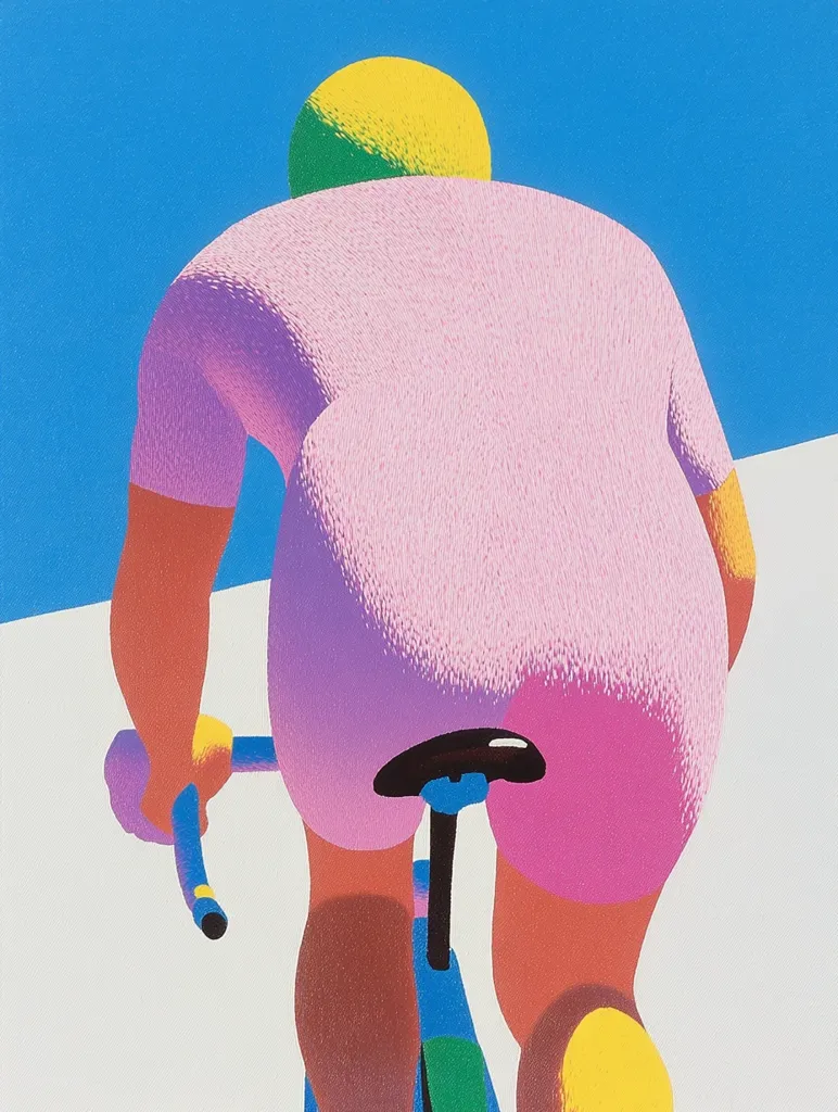 The image is a stylized depiction of a cyclist from behind, with a bright blue background. The cyclist wears a pink jersey, yellow shorts, and a green and yellow helmet. Their arms and legs are disproportionately large, emphasizing a cartoonish style. The bike itself is obscured, leaving only the seat and handlebars visible. The bold colors and simple shapes create a dynamic and playful scene.