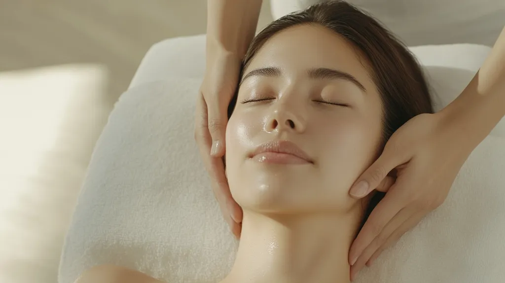 A woman with long dark hair lies on a white towel, her eyes closed. Her skin is smooth and glowing, and she is receiving a facial massage. Two hands gently stroke her face and neck, giving her a relaxed and peaceful expression. The soft lighting and muted colors create a serene and calming atmosphere.  The image conveys a sense of well-being and rejuvenation.