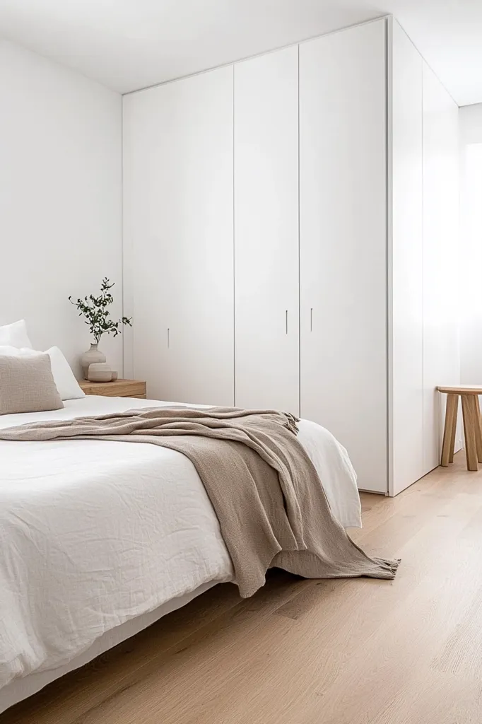 The image shows a minimalist bedroom with a white bed, a tan throw blanket, and white closet doors. The room has light wood floors and a small wooden stool in the corner. A single sprig of greenery adds a touch of nature to the otherwise austere space. The overall impression is one of simplicity and tranquility.