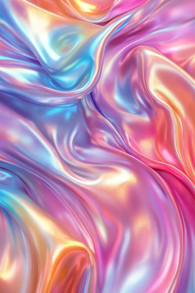 The image shows a close-up of iridescent fabric, draped and folded in soft, flowing waves. The fabric shimmers with a rainbow of colors, including blues, pinks, and yellows, creating a dreamlike and ethereal atmosphere. The texture is smooth and glossy, reflecting light in a mesmerizing way. The overall impression is one of luxury, beauty, and the playful interplay of color.