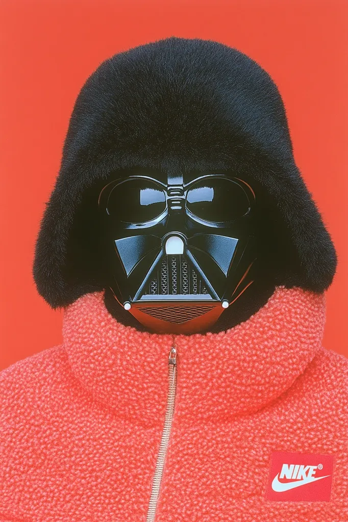 The image shows a person wearing a red fuzzy jacket with a zipper and a black fur hat. The person is wearing a Darth Vader mask, with only the eyes and mouth visible. The person is standing in front of a solid red background and the Nike logo is stitched on the jacket. The image is a humorous combination of the iconic Darth Vader mask and a common clothing brand.