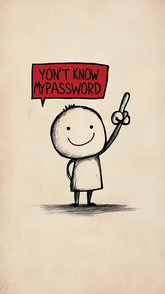 The image is a simple cartoon drawing of a stick figure with a large head and a big smile. The stick figure is holding up his index finger and above him is a speech bubble that says "Yon't know my password". The drawing is done in black ink on a light brown background. The image is humorous and suggests the stick figure is a confident, secretive person.  The simple art style and lighthearted message make the image engaging and relatable.  The use of "yon't" in place of "you" adds a touch of playful informality.