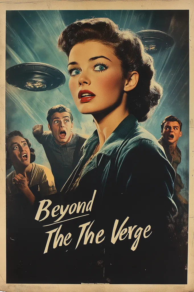 The image is a movie poster for the film "Beyond The Verge," set in a retro, sci-fi world. A glamorous woman with bright red lipstick stares at the viewer with a look of awe and fear. She is surrounded by three other people who are all staring up at something unseen above. There are two flying saucers in the background, adding to the sense of mystery and suspense. The poster's design and color palette are reminiscent of 1950s sci-fi films, suggesting a story of alien encounters and the unknown.