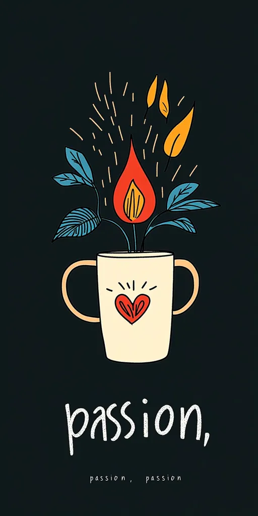 The image depicts a white mug with a red heart on it.  A flame rises from the mug, and green leaves sprout from the flame.  The leaves are reaching up, and the flame is reaching upwards as well. The image is set on a black background, and the word "passion" is written below the mug in a white font.