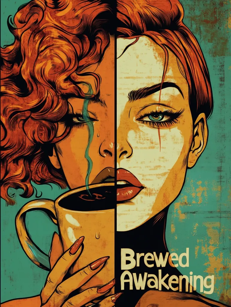 The image is a stylized illustration of a woman with red hair. She is depicted in a comic book style, with bold lines and bright colors. The woman's face is split down the middle, with one half looking happy and the other half looking sad. She is holding a steaming mug of coffee. The text "Brewed Awakening" is written below her. The image is a powerful statement about the duality of human experience.  The woman's expression is both happy and sad, showing that she is feeling both joy and sorrow at the same time. The steam from the coffee symbolizes the warmth and comfort of the drink, while the mug itself represents the awakening that comes with a good cup of coffee.