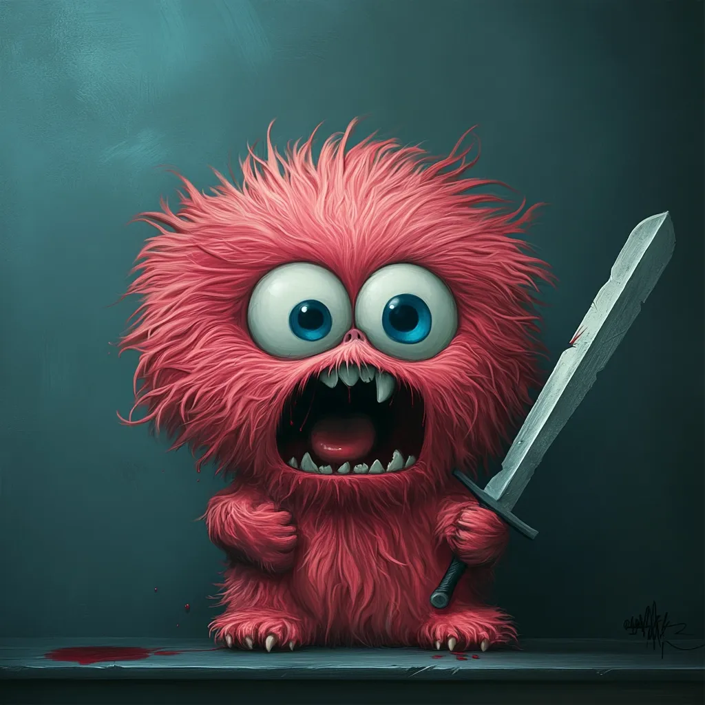 A fluffy, pink monster with large, wide eyes and sharp teeth is shown standing with a sword in its hand. Its mouth is open in a scream and there are small blood splatters on the ground in front of it. The background is a dark blue-green color. The image evokes a feeling of surprise and possibly even fear.  The monster appears to be both comical and slightly menacing.  There is a sense of unease within the composition.