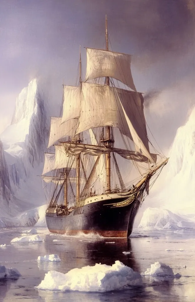 A majestic sailing ship with billowing white sails navigates through a glacial landscape. The ship's hull is black and sleek, its wooden masts reaching skyward. Icebergs of various sizes dot the calm, reflective water. The scene evokes a sense of adventure, exploration, and the vastness of the natural world.