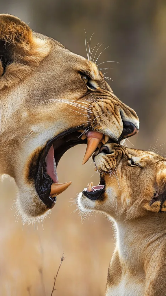 A lioness with her mouth wide open, showing sharp teeth, is playfully biting the neck of a young lion cub. The cub is looking up at the lioness with its mouth slightly open, seemingly enjoying the playful interaction. The scene captures the close bond between a mother lion and her cub. The warm, blurred background suggests a natural habitat.
