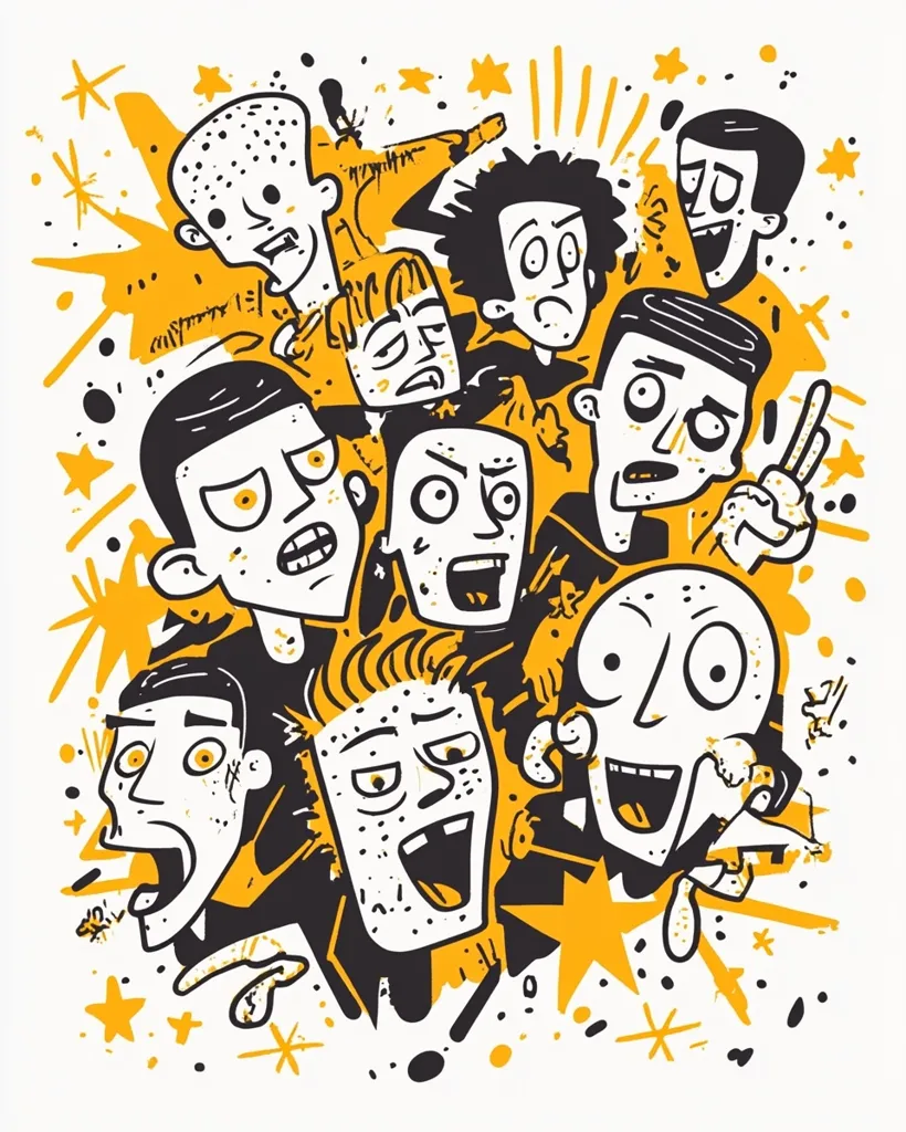 The image is a cartoon drawing of a group of people with exaggerated features. The people are drawn in black and white against a yellow background. They are all making funny faces, with large eyes, mouths, and noses. The background is filled with splotches and stars.  The image is chaotic and energetic, with a sense of humor.