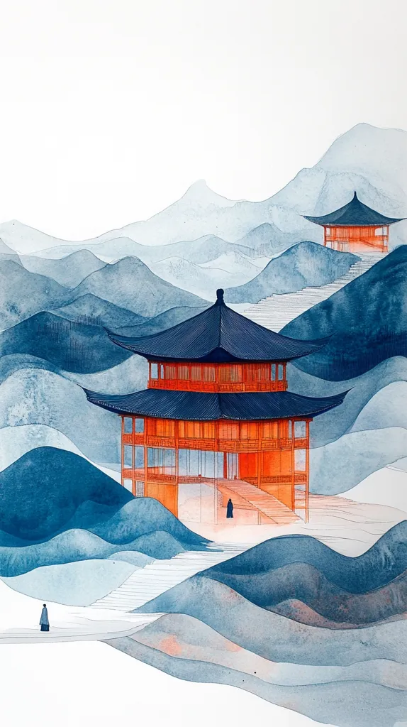 A watercolor painting depicts a serene landscape with two red and orange pagodas nestled among blue and white mountains. The pagodas have dark blue roofs, and the mountains are painted with soft, flowing lines. The scene is tranquil and evokes a sense of peace and harmony. A lone figure walks towards the lower pagoda, creating a feeling of solitude. The minimalist style enhances the sense of peace and tranquility.