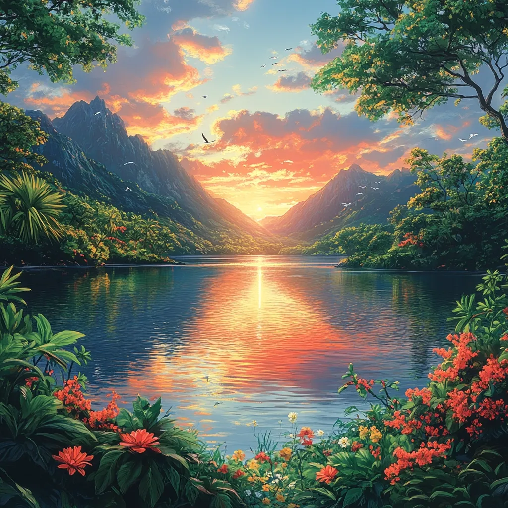 The image depicts a serene lake nestled between two majestic mountain ranges. The sky is ablaze with the vibrant hues of a setting sun, casting a warm glow across the water. Lush greenery borders the lake, with vibrant flowers blooming in the foreground. The scene exudes tranquility and peace, inviting viewers to escape into its natural beauty.