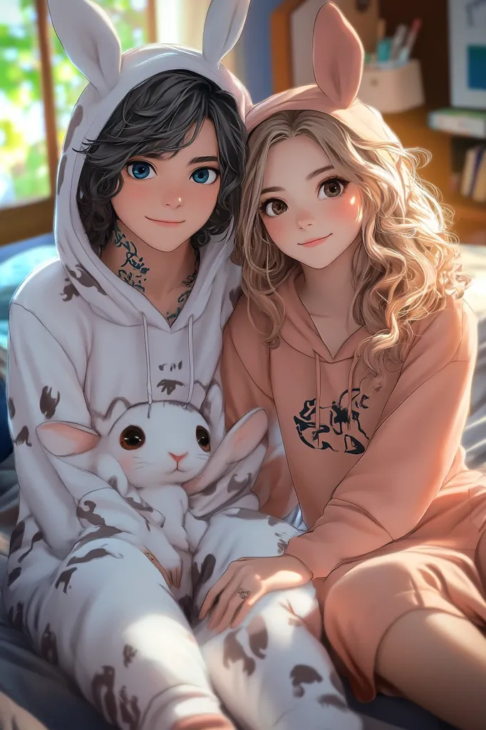 Two anime girls are sitting close together, wearing bunny-themed pajamas. The girl on the left is holding a small white rabbit plush. They both have large, expressive eyes and soft features. The image conveys a sense of warmth and friendship. The lighting is soft and warm, creating a cozy atmosphere.  The image is beautifully drawn with detailed textures and a delicate color palette.