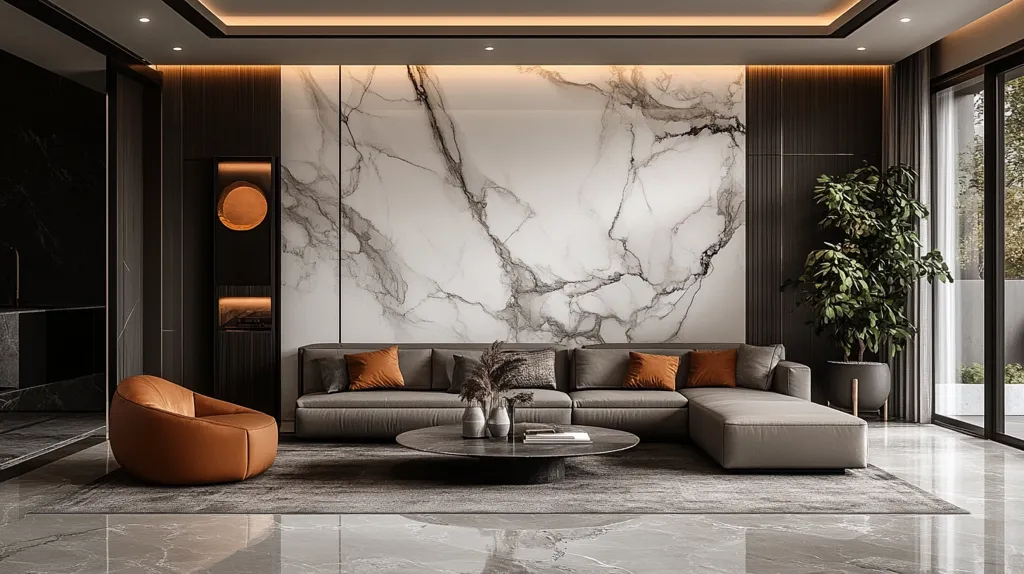 The image shows a modern living room with a sleek and sophisticated design. The focal point is a large, gray sectional sofa with orange throw pillows. A large, white marble wall serves as the backdrop, adding a touch of elegance. The room is decorated with a few plants, a round coffee table, and a single, round orange armchair in the corner. The lighting is soft and warm, creating a cozy and inviting atmosphere. The overall impression is one of luxury and minimalism.