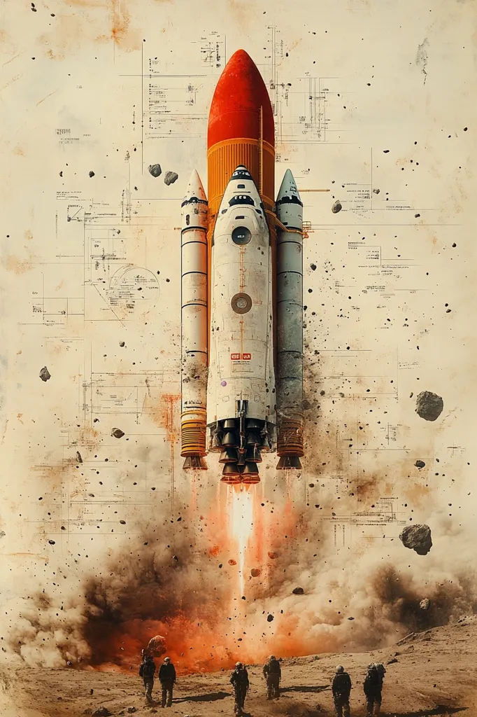 The image depicts a space shuttle launching from a dusty, rocky surface. The shuttle is positioned against a faded, blueprint-like background, with scattered debris. The image is dominated by the powerful engines of the rocket, spewing flames and creating a cloud of smoke and dust. In the foreground, a group of figures stand witnessing the launch, their silhouettes blending with the background's muted color palette.