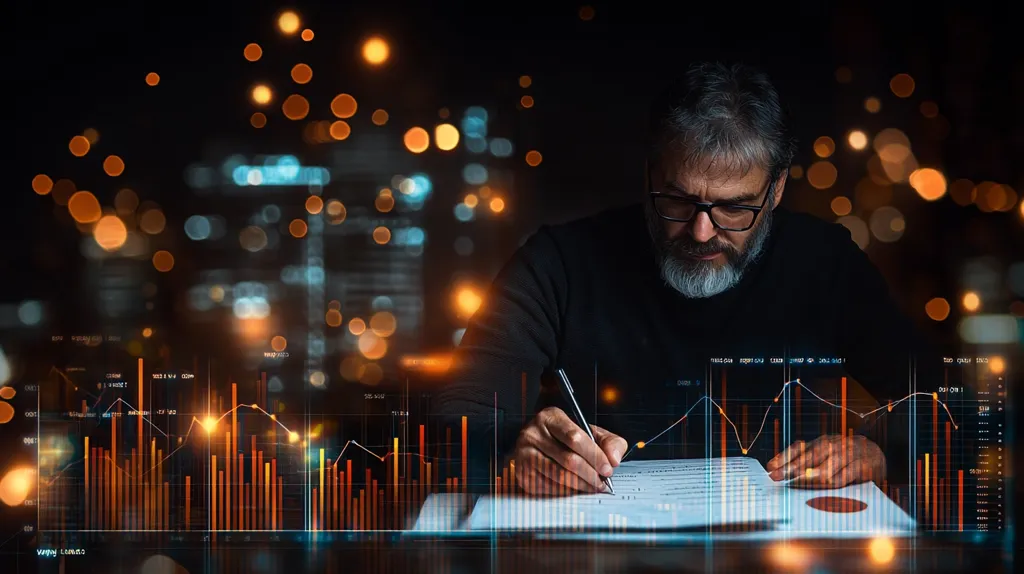 A man with a beard and glasses sits at a desk in front of a document, signing it with a pen.  He wears a black shirt and appears focused on the task at hand.  The background is a blur of city lights, with a graphical overlay of data points, bars, and lines. The scene evokes a sense of financial analysis and decision making.