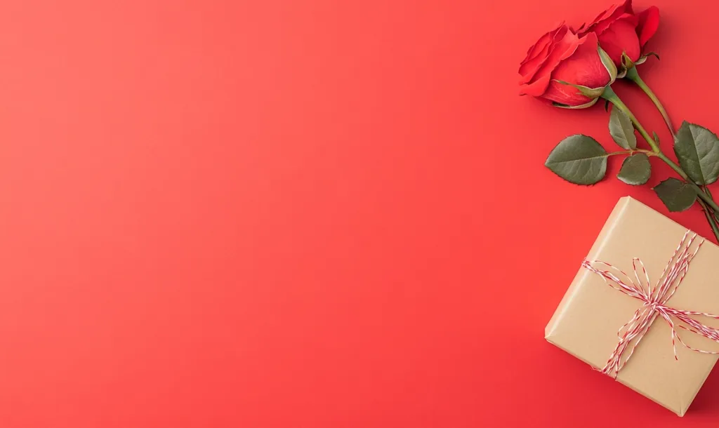 A red background with a single red rose and a gift box wrapped in brown paper and tied with a red and white string. The gift box is on the lower right-hand side of the image. The rose is on the upper right-hand side of the image. The image is a simple and elegant composition.