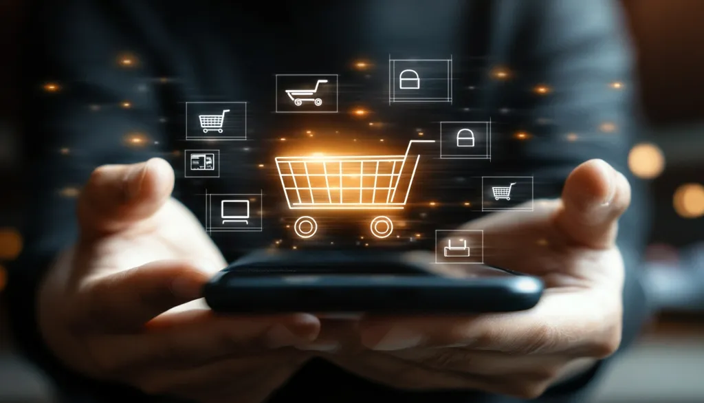 A person is holding a smartphone with their hands. Above the phone, a shopping cart icon is glowing brightly, surrounded by other icons, including a padlock, a credit card, and a computer monitor. The image suggests online shopping and the convenience of using a mobile device to make purchases. The warm, glowing light adds to the sense of excitement and possibility associated with online shopping.