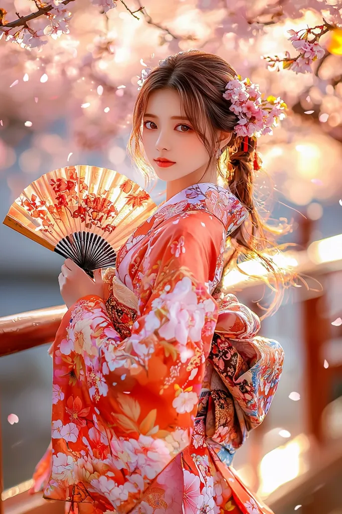 A young woman in a traditional Japanese kimono, with delicate floral patterns, stands in a garden adorned with cherry blossoms. Her long brown hair is styled with a braid and a crown of cherry blossoms. She holds a decorative fan in her hand, and the background is filled with soft pink petals falling from the trees. The image conveys a sense of beauty, serenity, and the ephemeral nature of spring.