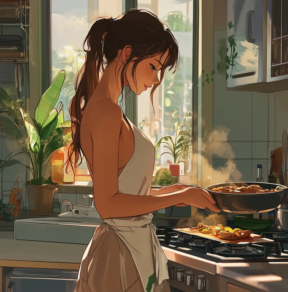 A young woman with long brown hair tied up in a ponytail is cooking in her kitchen. She is wearing a white tank top and a beige skirt.  She is holding a pan with food in it, and the steam is rising up from the pan. The kitchen is bright and sunny, with a window in the background. There are plants in the background as well, giving a sense of homeliness.  The woman is focused on her cooking and her expression is relaxed. She is enjoying her time in the kitchen.  It’s a nice and warm scene of a woman cooking up a delicious meal.
