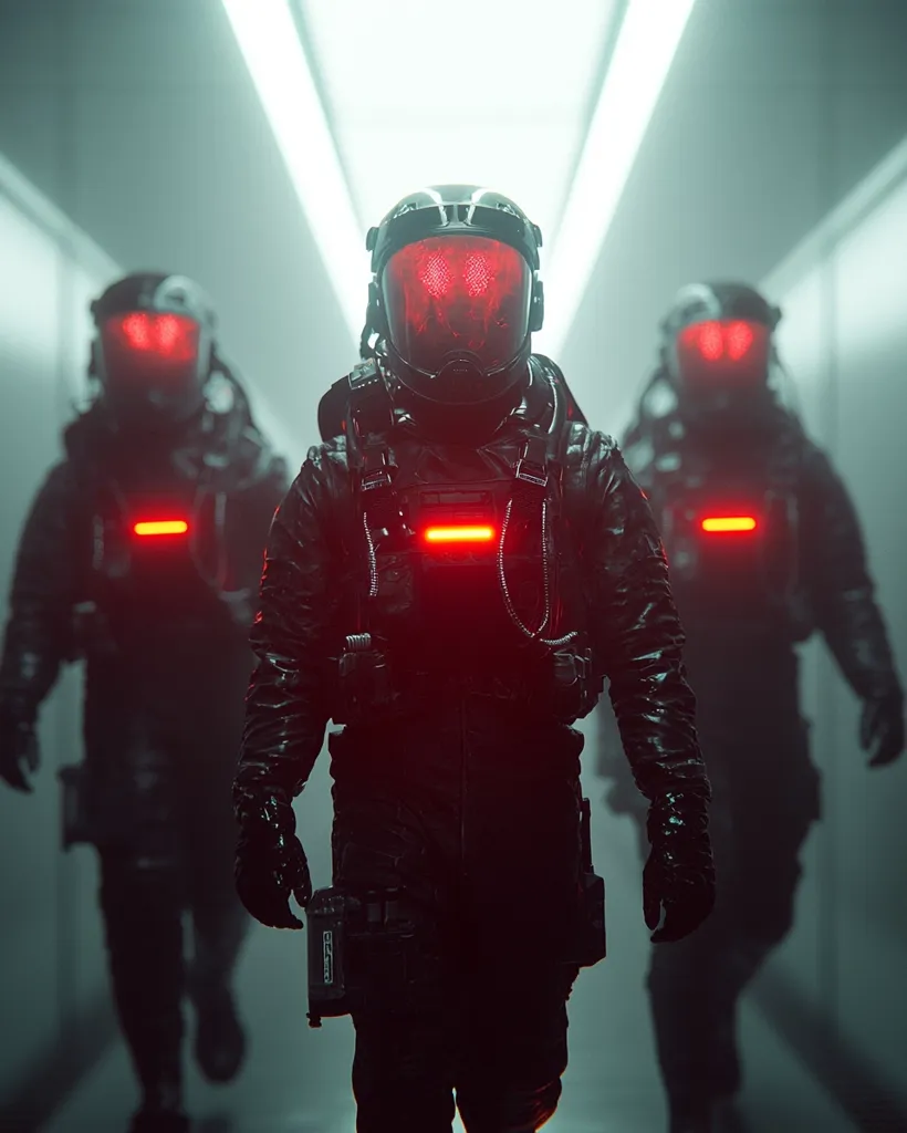 Three figures in black futuristic spacesuits walk down a dimly lit corridor. Their helmets have red glowing eyes, and their suits have red lights on the chest. The figures are silhouetted against the bright white light at the end of the corridor.  The overall image creates a sense of mystery and suspense.