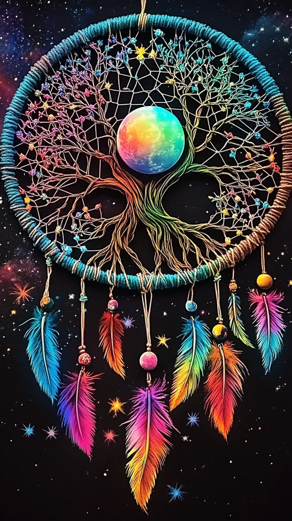The image depicts a colorful dream catcher with a tree of life design. The dream catcher is circular with a web of intricate patterns, surrounded by a rainbow of colors. At the center, a circular object resembling a planet or moon is placed, with a rainbow-like design.  The dream catcher hangs from several colorful feathers, creating a sense of dreamlike beauty against a dark background sprinkled with stars.  The image conveys a sense of spirituality and the pursuit of dreams.