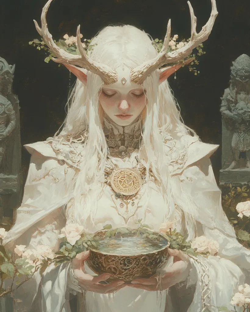 A woman with long, white hair and large antlers adorns her head, stands before a golden bowl filled with water. She is dressed in a white gown, and there are white flowers around her. The scene is illuminated by a soft, warm light, giving it a mystical and ethereal feel. The woman's expression is serene and thoughtful, suggesting she is deep in contemplation or prayer.