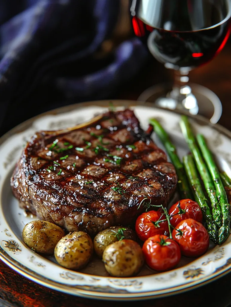 A perfectly grilled steak sits on a white plate surrounded by asparagus, roasted potatoes, and cherry tomatoes. The steak is seasoned with salt and pepper, and it has a beautiful char on the outside. The asparagus is cooked to perfection, and the potatoes are soft and fluffy. The cherry tomatoes are juicy and sweet. A glass of red wine is visible in the background. The image is a feast for the eyes and makes the viewer crave a delicious meal.