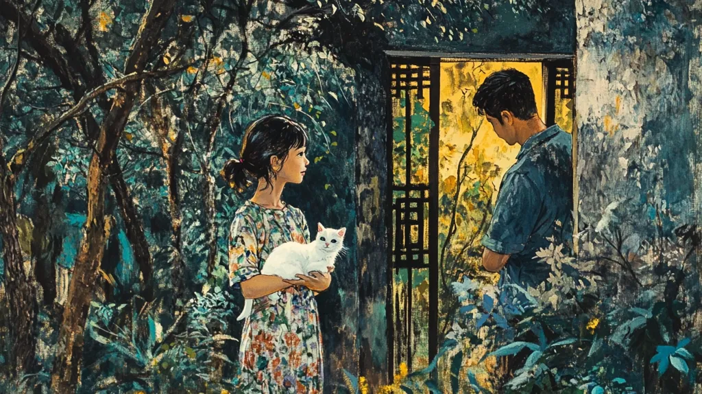 A young woman with a white cat in her arms stands in a lush green garden, looking towards a man standing in a doorway. The man is partly obscured by foliage, and his face is downcast. The scene evokes a sense of longing or unrequited love. The painting's brushstrokes are loose and impressionistic, giving it a dreamy and romantic quality.