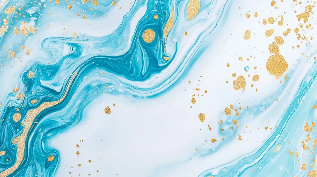 The image showcases a captivating abstract design created through the art of fluid painting. Swirling blue and white hues intertwine, forming delicate patterns reminiscent of flowing water. The canvas is further adorned with shimmering golden accents, scattered like stardust, adding a touch of elegance and depth to the composition. The vibrant colors and intricate details create a mesmerizing visual experience.