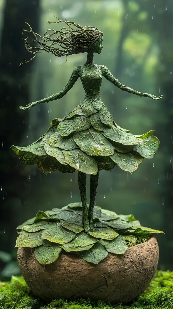 A delicate, leaf-clad sculpture of a woman stands in a leafy pot, her long, leafy hair flowing in the wind. The sculpture is crafted entirely from leaves and branches, creating a whimsical and nature-inspired art piece. Rain falls softly in the background, adding to the ethereal atmosphere. The sculpture's pose and the surrounding greenery evoke a sense of tranquility and connection with nature.