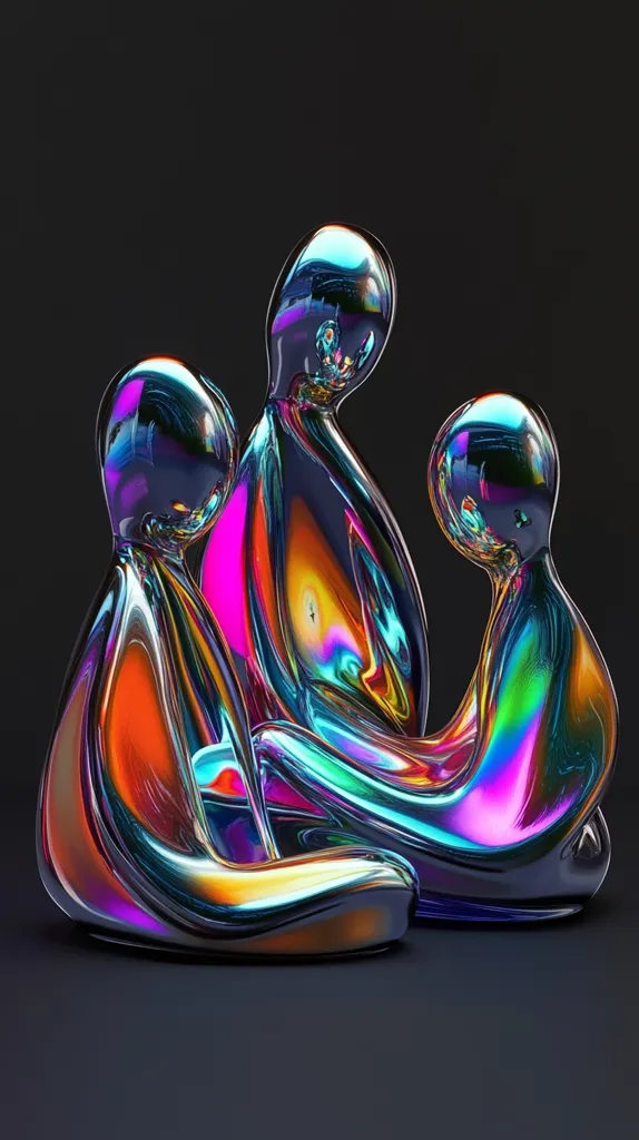 Three abstract sculptures are arranged in a seated pose. The sculptures are made of a smooth, shiny material that reflects iridescent colors, creating a mesmerizing optical illusion. The sculptures' rounded forms evoke a sense of organic life and fluidity. The dark background emphasizes the vibrant hues of the sculptures, creating a stark contrast.