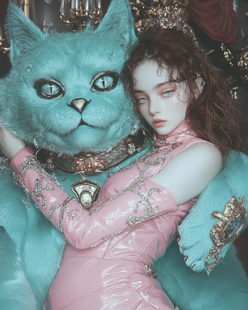 A young woman with long, curly hair wears a pink, shiny dress adorned with rhinestones. She leans against a large, teal cat wearing a gold collar. The woman's eyes are blue and she appears to have light makeup. The image is set in a dimly lit room with ornate décor. The overall effect is dramatic and whimsical.