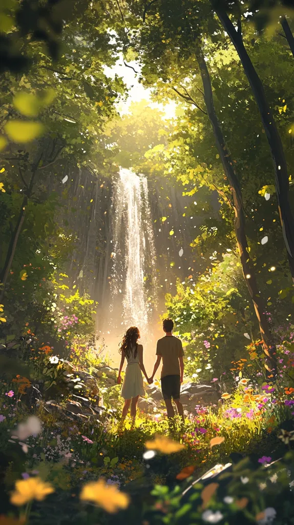 A couple stands hand-in-hand in a lush, sun-dappled forest. They are looking towards a large waterfall cascading down a rocky cliff face. Sunlight filters through the canopy of trees, creating a magical and romantic atmosphere. Wildflowers bloom in abundance, adding color to the verdant landscape. The scene evokes a sense of peace and tranquility, suggesting a moment of shared joy and connection.