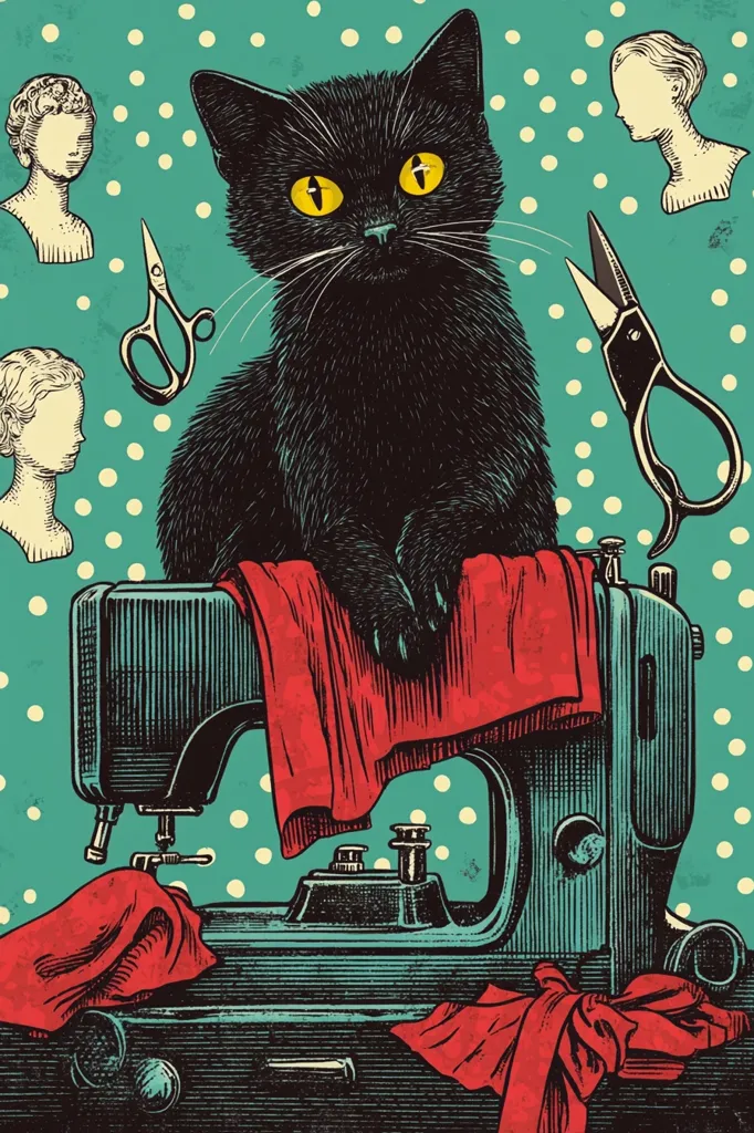 The image is a vintage-style illustration of a black cat sitting on a sewing machine. The cat has bright yellow eyes and a mischievous expression. The sewing machine is old-fashioned and has a red fabric draped over it.  There are two pairs of scissors, and two headless mannequins, adding to the vintage feel of the image. The background is a turquoise green with white polka dots. The overall mood is playful and whimsical.